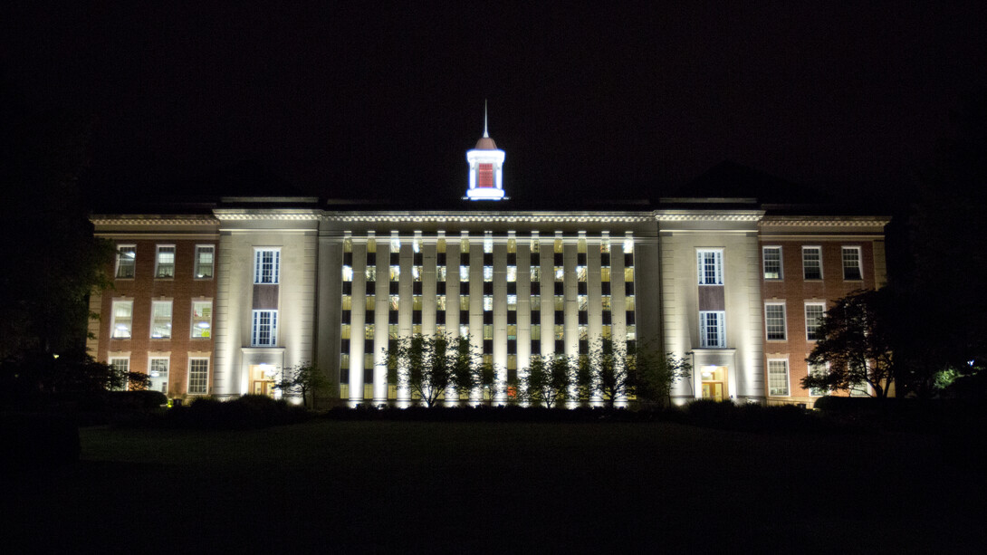 Recently completed construction projects at UNL include the addition of exterior lighting to the façade and cupola of Love Library.