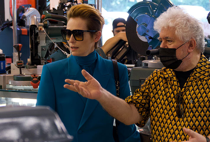 Tilda Swinton & Pedro Almodóvar on the set of their "The Human Voice."