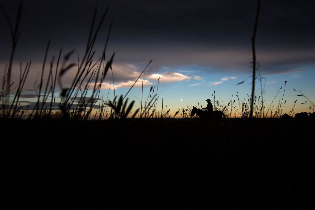 Tom Brewer, Nebraska's first Native senator, rides across a field near Fort Robinson on Sept. 14.