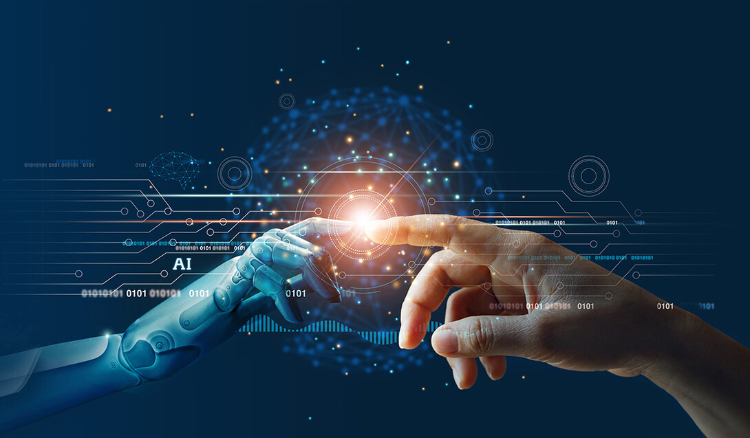 A robot hand touches the pointer finger tip of a human hand with its own pointer finger.