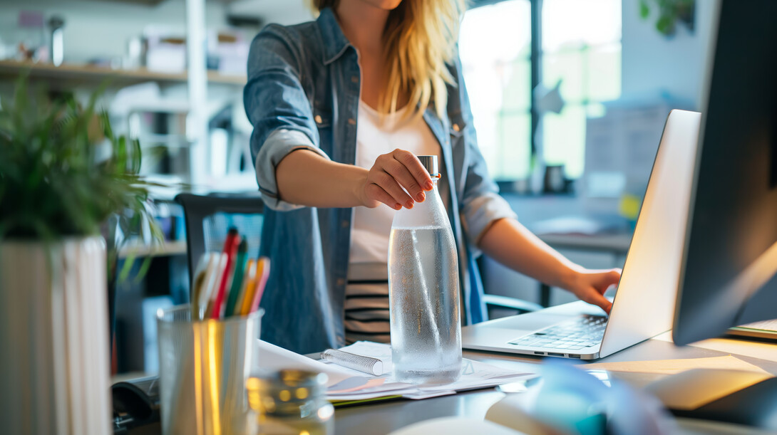 A woman reaches for a water bottle at her desk.