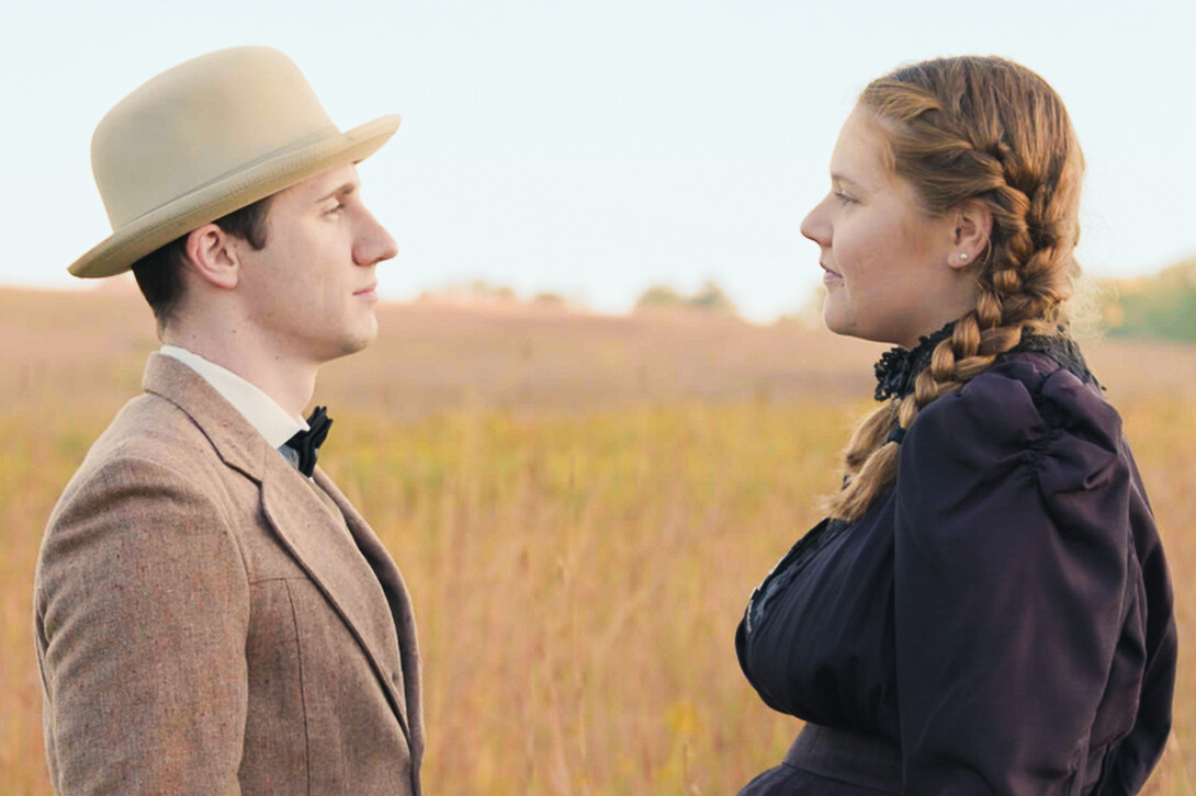 Sebastian Sorensen (left) as Carl Linstrum and Sarah Wibben as Alexandra Bergson in Tyler Goodrich White’s “O Pioneers!” Photo courtesy of the Glenn Korff School of Music. 