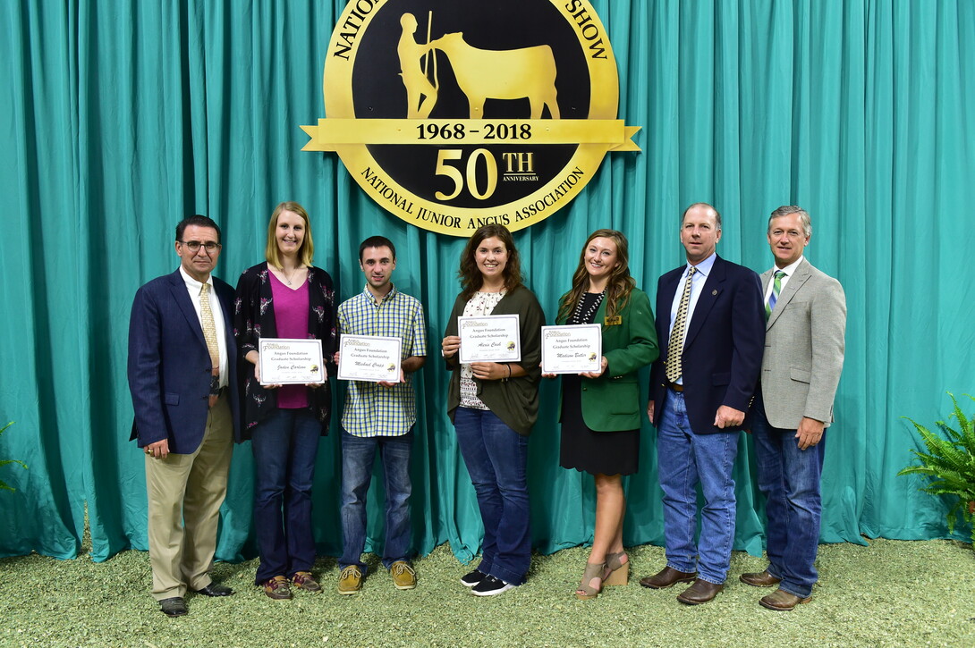 UNL graduate student Jaden Carlson (second from left) was one of five awarded a 2018 Angus Foundation Graduate Scholarship at the National Junior Angus Show in Madison, WI on July 12.