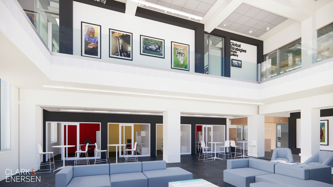 An architect’s rendering of the global education space show the photo gallery and interactive meeting spaces that will be renovated in Pound Hall. 