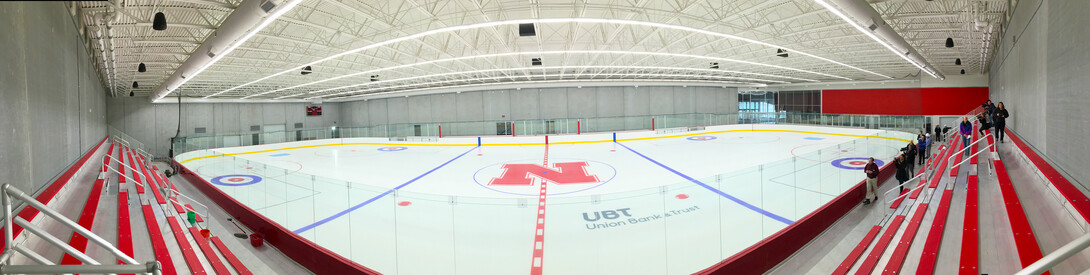 Panorama from center ice inside UNL's new John Breslow Ice Hockey Center.