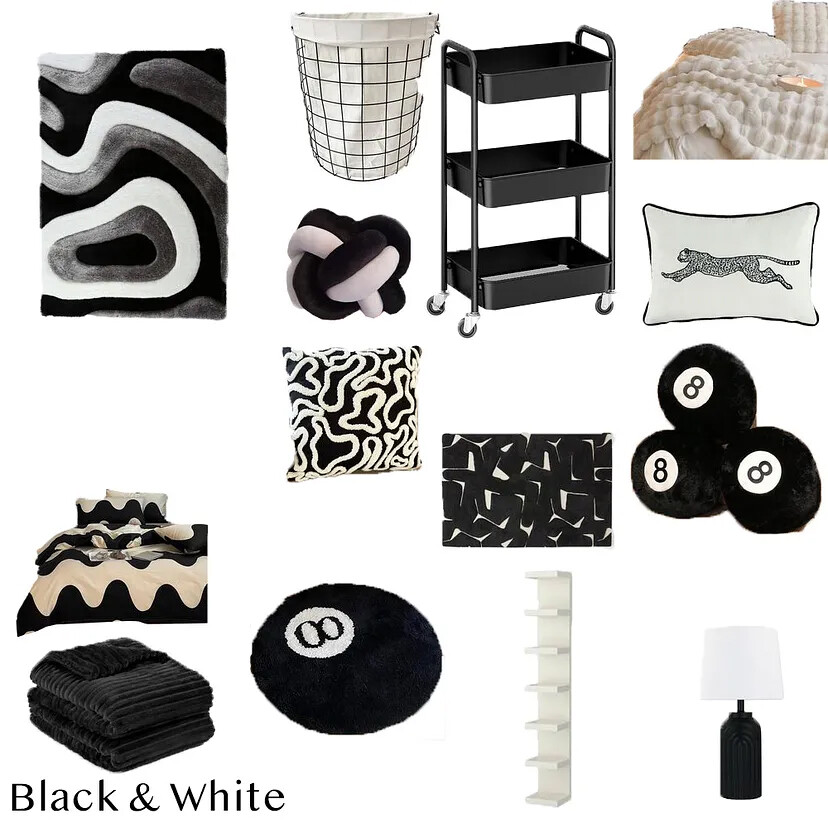 Board showing items that are black and white.