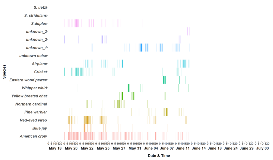 A multicolored graph featuring vertical lines that mark the occurrence of vibrations from multiple sources