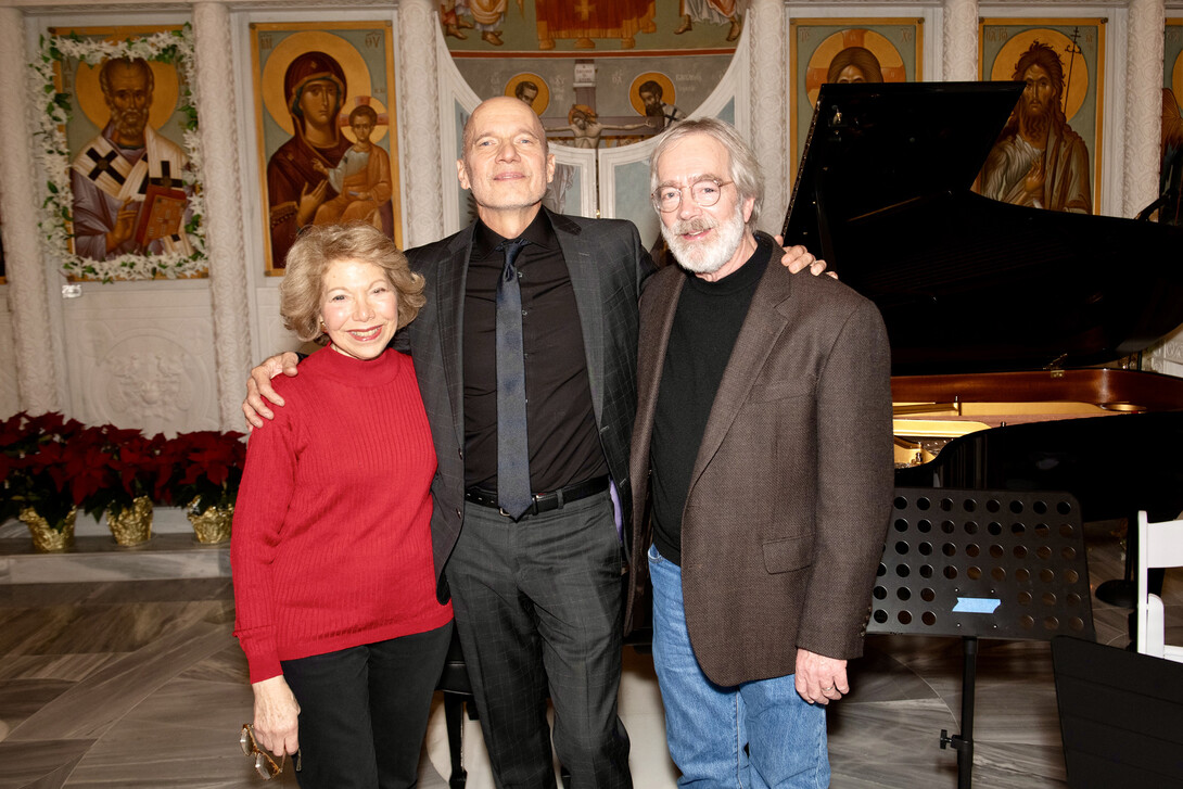 Paul Barnes (center) with composers J.A.C. Redford and Victoria Bond at his performance Dec. 12 at St. Nicholas Greek Orthodox Church in New York City. Courtesy photo.