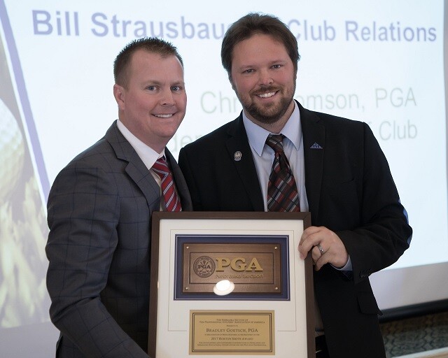 Nebraska PGA Section President Nathan Kalin Presenting Brad Goetsch the Horton Smith Award