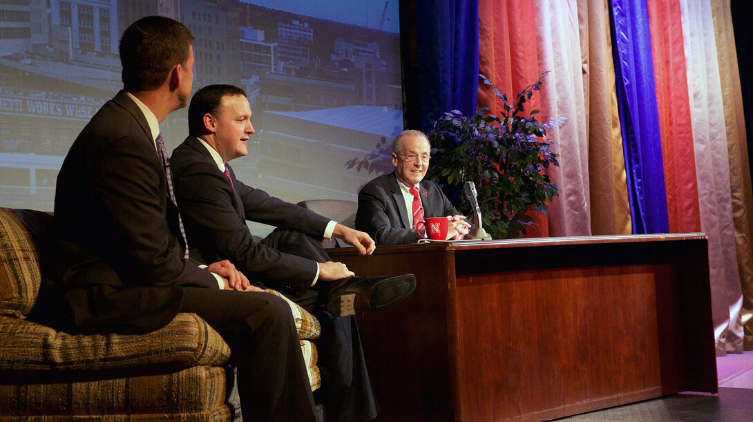 Chancellor Harvey Perlman (right) interviews University of Nebraska Foundation President Brian Hastings (center) and University of Nebraska President Hank Bounds during the Nov. 6 gift announcement in the former Nebraska Bookstore.