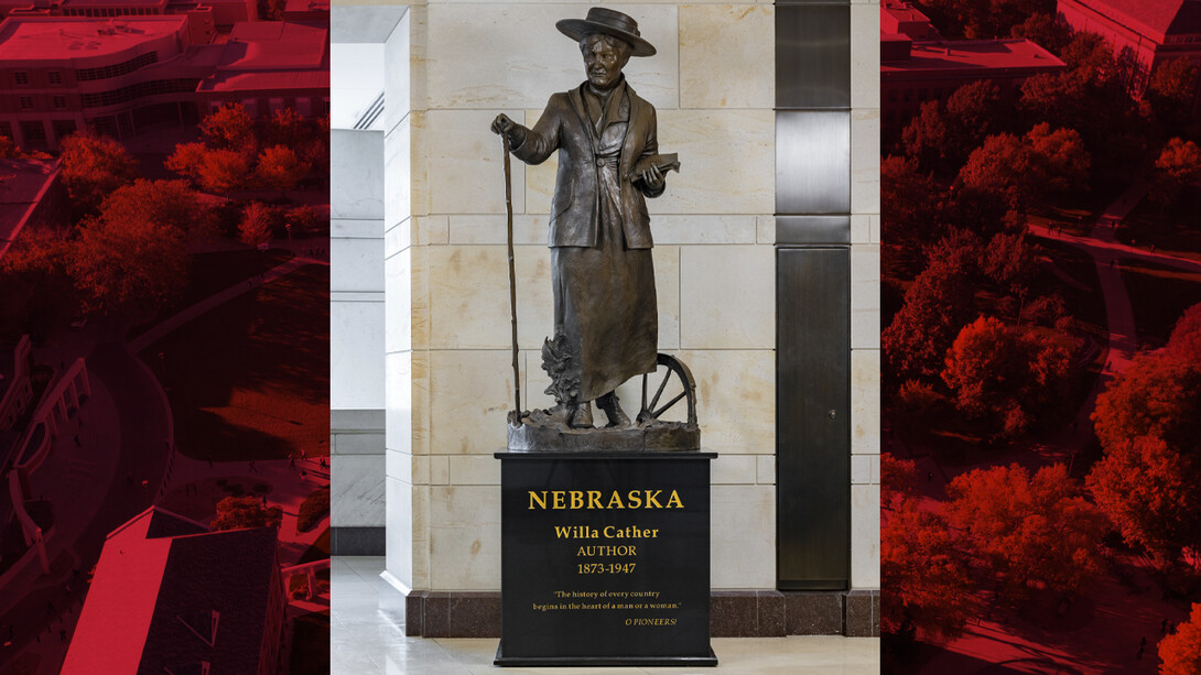 Photo of the seven-foot-tall Willa Cather bronze sculpture in Statuary Hall in the U.S. Capitol.