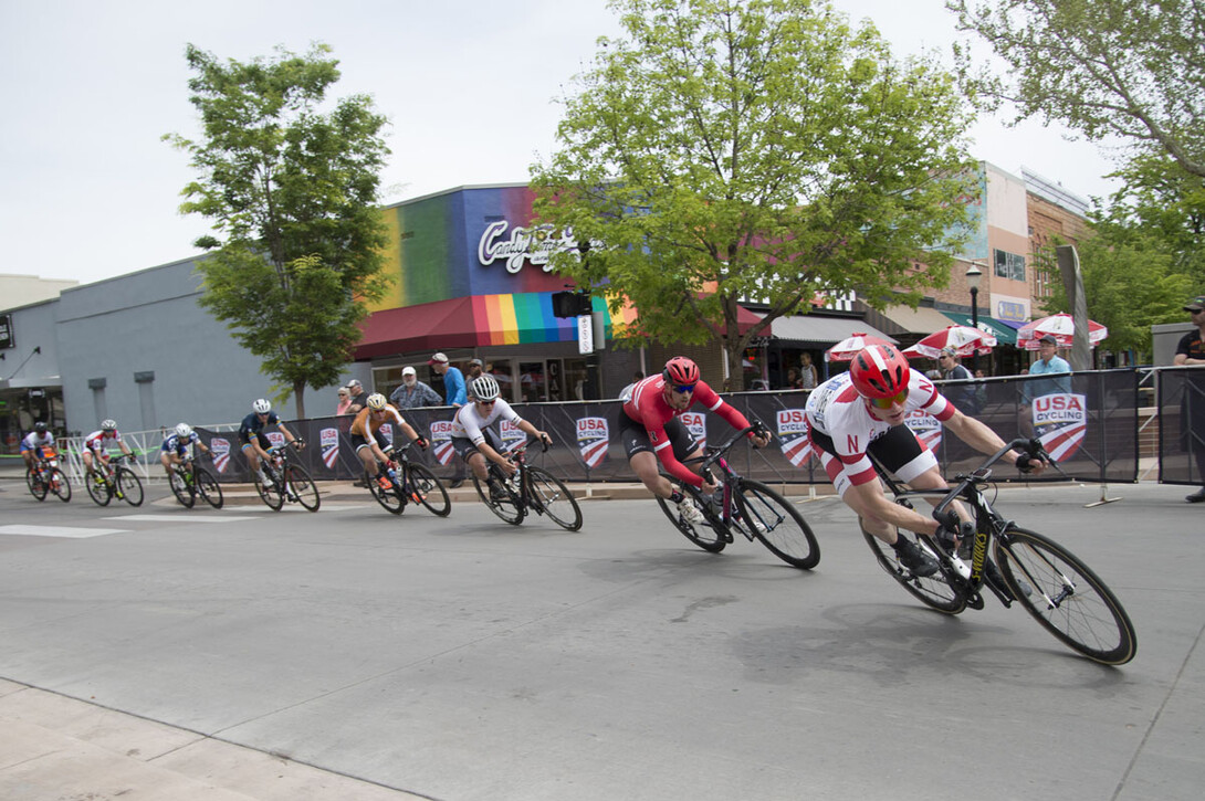John Borstelmann, a junior chemistry major from Lincoln, leads the pack during a race at the USA Cycling Collegiate Road National Championships, May 4-6 in Grand Junction, Colorado. Borstelmann won the men's Club Division national championship.
