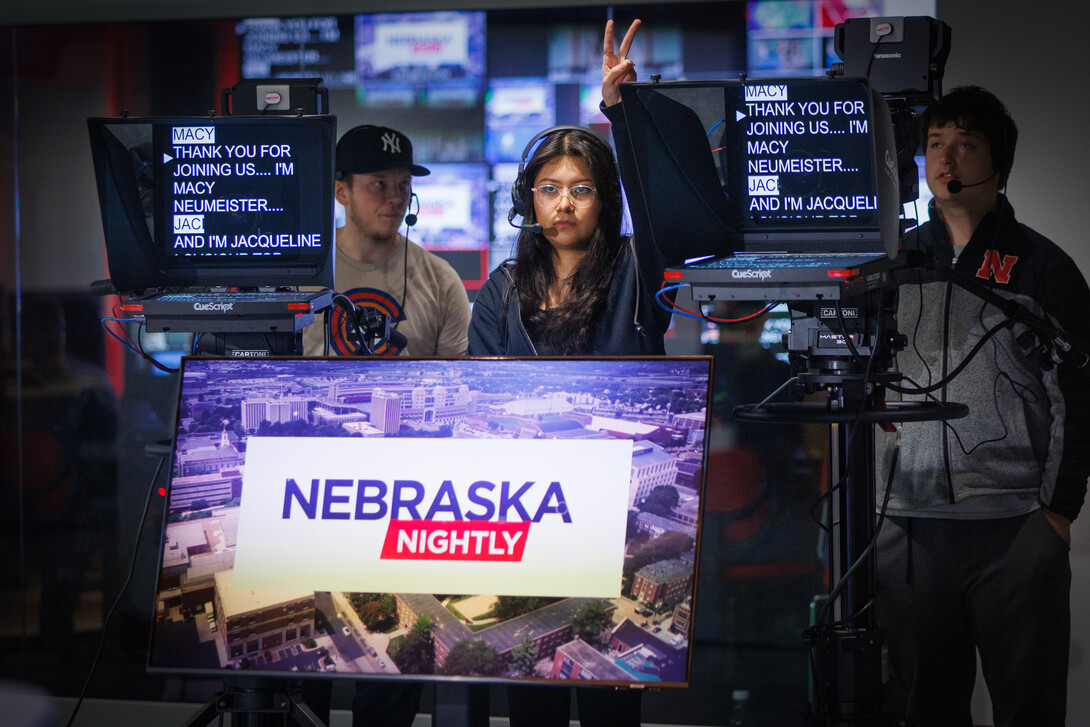 Students in the CoJMC's Nebraska Nightly prepare for a live broadcast.