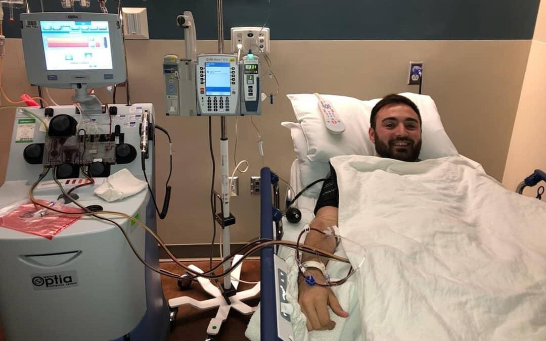 Connor O'Dell in a hospital bed while donating stem cells.