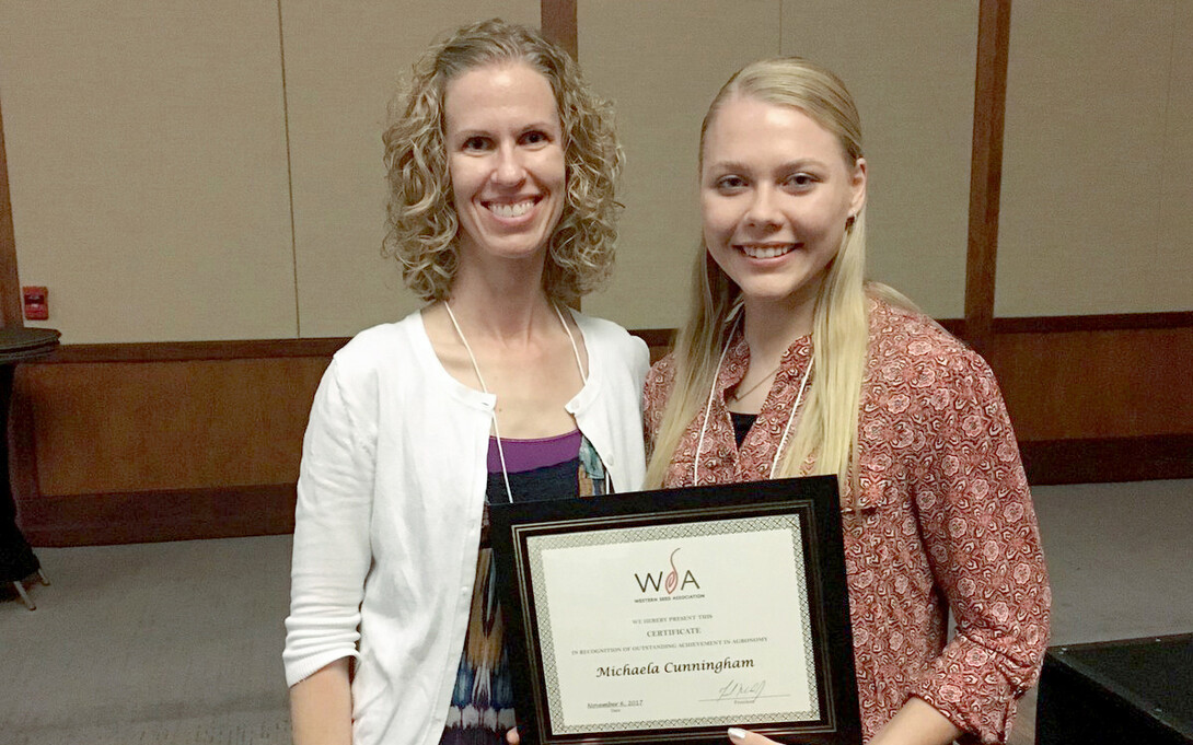 Leah Sandall, agronomy distance education coordinator, with Michaela Cunningham at the WSA awards ceremony.