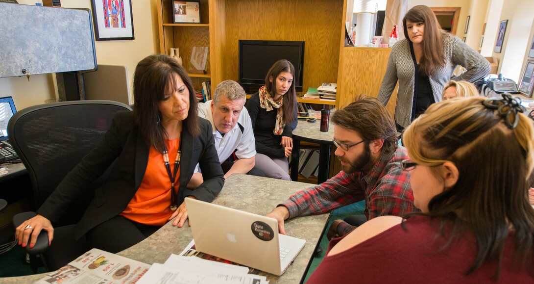 Students from the Digital Humanities Practicum class meet with their clients, representatives of the Nebraska Commission on Indian Affairs to go over changes and additions to the interactive map and website the students are developing for the Commission.