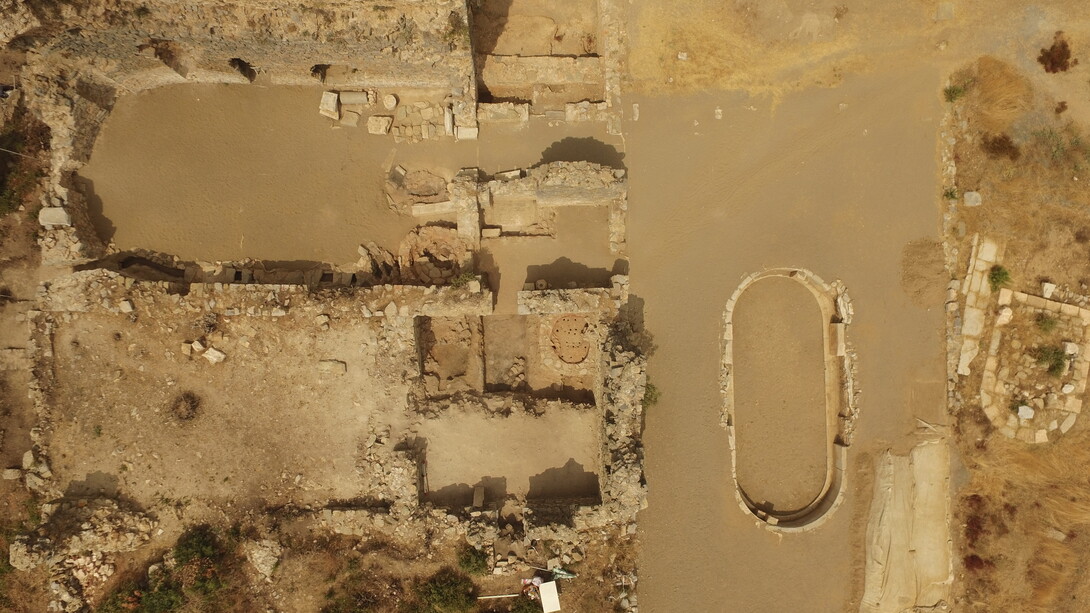 A drone view of the bath complex with a cluster of Late Roman pottery kilns visible.