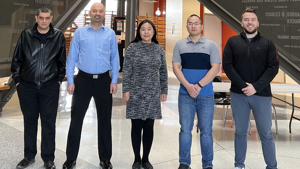 The team working on this DOE project includes (from left) Sulaiman Mohaidat, a doctoral student in the Durham School; Fadi Alsaleem, assistant professor in the Durham School; Jinying Zhu, associate professor of civil and environmental engineering; Bibo Zhong, doctoral student in civil and environmental engineering; and Clayton Malone, doctoral student in civil and environmental engineering.