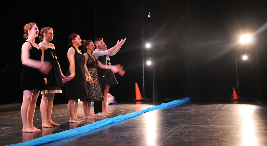 Student dancers take a bow after a performance following the April 26 announcement of the renovation of the Lied Center's Johnny Carson Theater. The project was funded through a $571,500 gift to the NU Foundation.