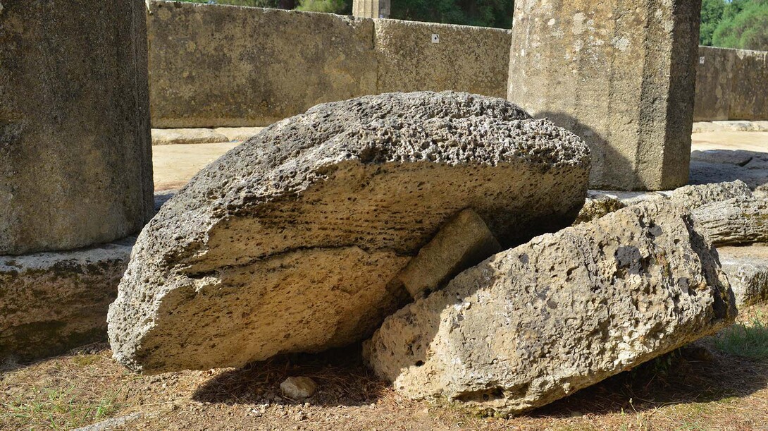 Ruins at the Temple of Hera in Olympia, Greece.