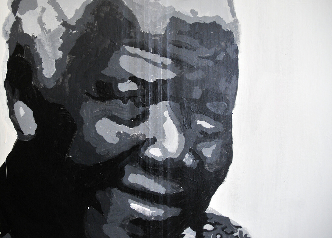 Student painting of Nelson Mandela on display in the Nebraska Union. The painting was created as part of a Recognized Student Organization project.