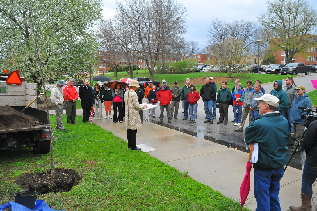 UNL's Eileen Bergt talks during an April 23 Arbor Day tree planting on East Campus. The event and a student-led tree planting on April 25 fulfill requirements for the Arbor Day Foundation's Tree Campus USA program.