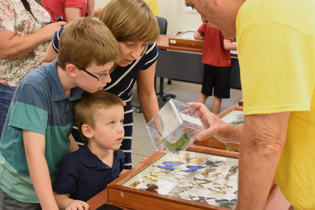 Entomology Research Technologist Steve Spomer shows a butterfly to guests at Bugfest 2016. 