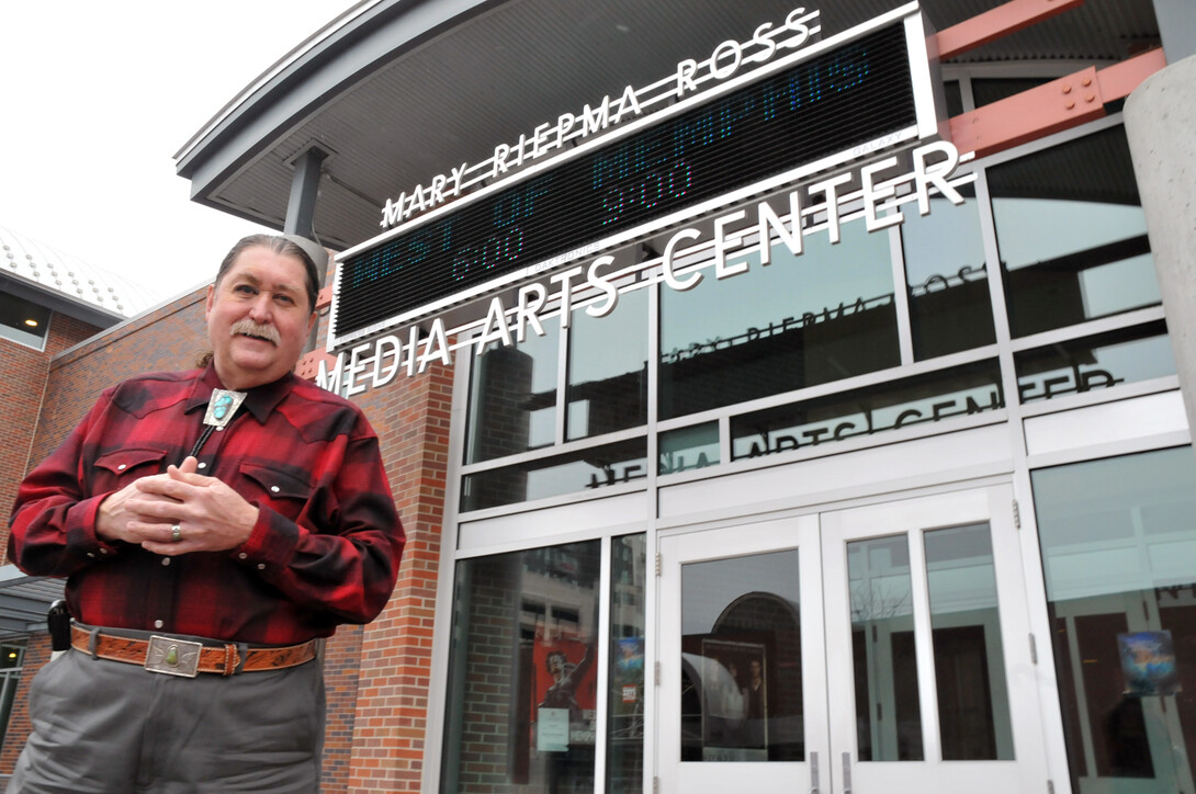 Danny Ladely, director of the Mary Riepma Ross Media Arts Center, stands outside the campus theater. The Ross has received a $7.7 million donation from the estate of Mary Riepma Ross. The gift creates a permanent endowment for the theater.