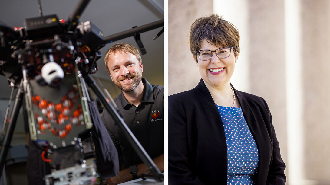 Split image. Nebraska's Carrick Detweiler on the left sitting with an unmanned aerial vehicle, and Kristen Olson in the image at right, standing by columns on campus.