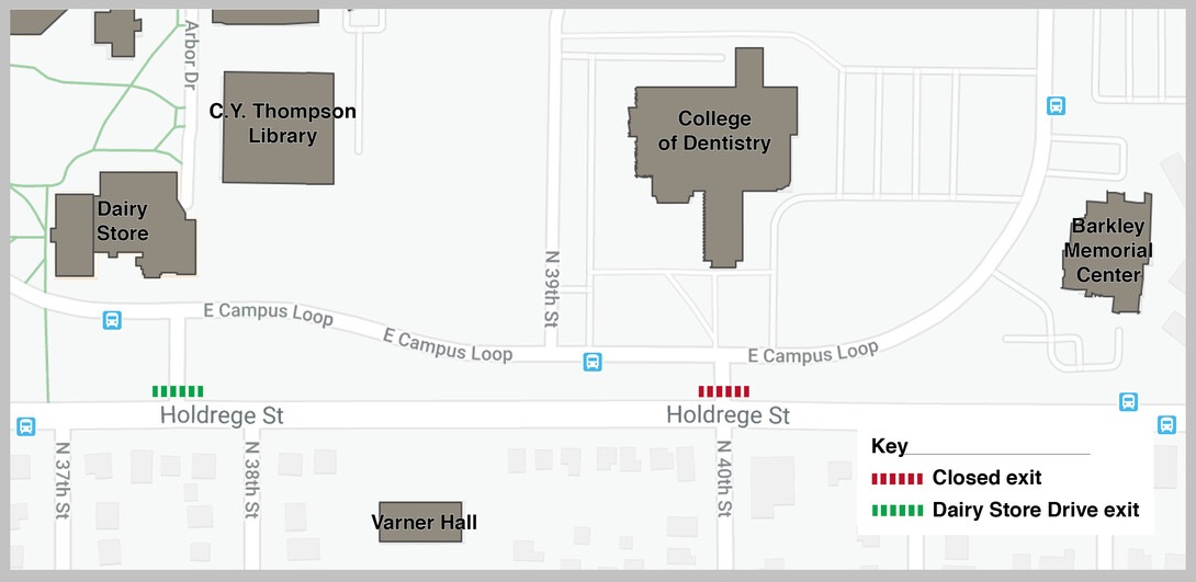 The exit lane (in red) from the East Campus Loop at 40th and Holdrege streets closes Aug. 10. Traffic exiting from the south edge of East Campus will be directed to the traffic signal-controlled intersection (in green) south of the Dairy Store. Click to enlarge.