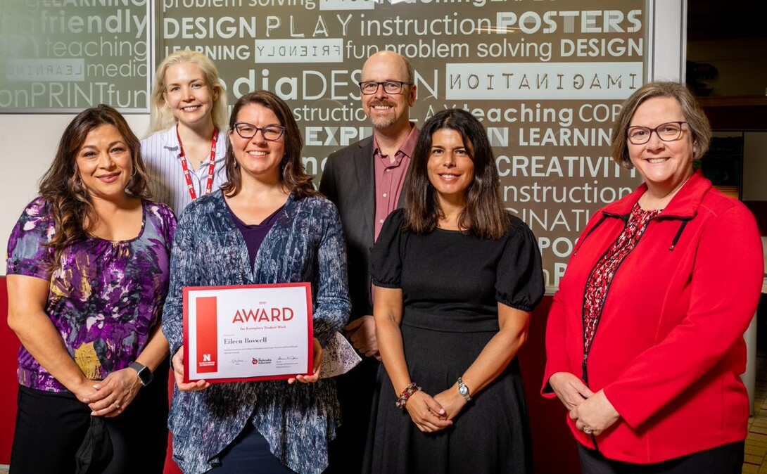 Eileen Boswell, winner of the 2021 Nebraska Educator Journal Award for Exemplary Student Work, is pictured with Sherri Jones, Loukia Sarroub, Amanda Morales, Ted Hamann, and Nebraska Educator Editor-in-Chief Amy Barry. (Loren Rye - Pixel Lab)