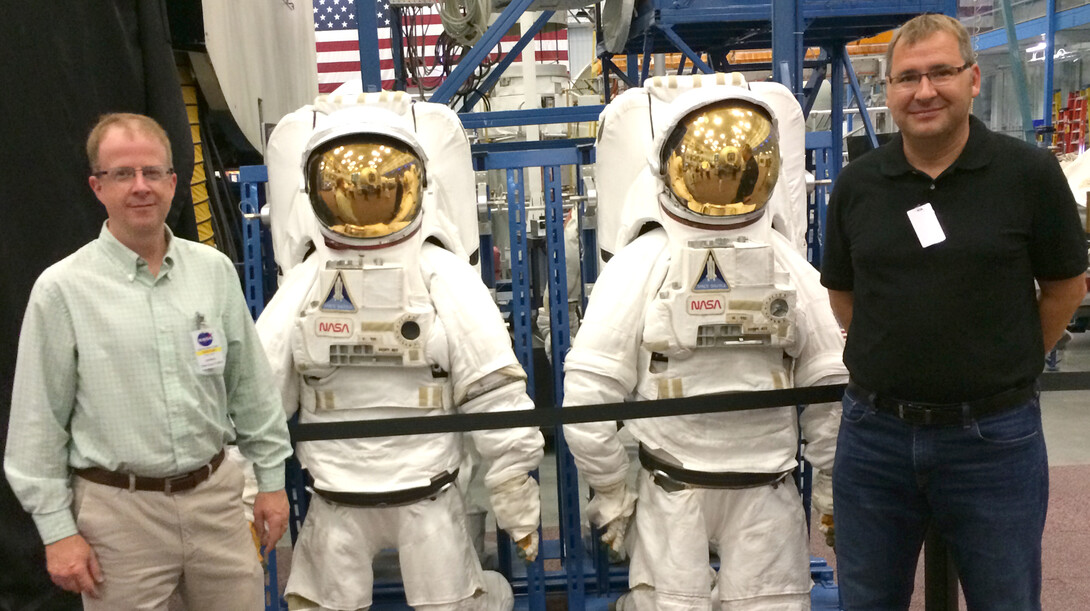 Axel Enders (right), associate professor of physics and astronomy, and Scott Tarry, director of the Nebraska NASA EPSCoR program, attended a program kick off meeting for Enders’ newest NASA grant at Johnson Space Center in Houston, Texas.