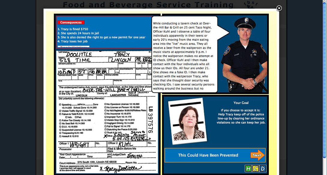 To teach beverage servers about new alcohol regulations in Lincoln, the Office of Distance Education has created a portal that guides users through four scenarios based on real-life situations. After completing the scenarios, users earn an alcohol serving permit.