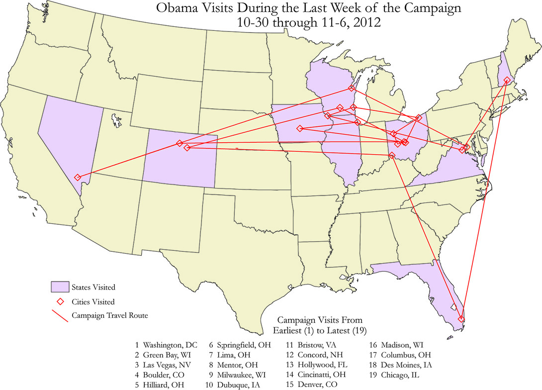 Map from "Atlas of the 2012 Elections" showing campaign stops by Pres. Barack Obama during the final week of the 2012 presidential campaign.