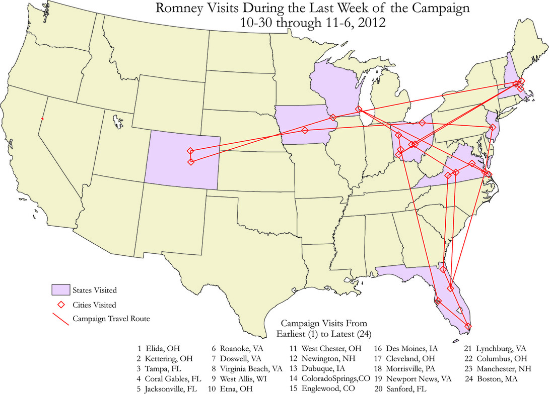 Map from "Atlas of the 2012 Elections" showing campaign stops by Mitt Romney during the final week of the 2012 presidential campaign.