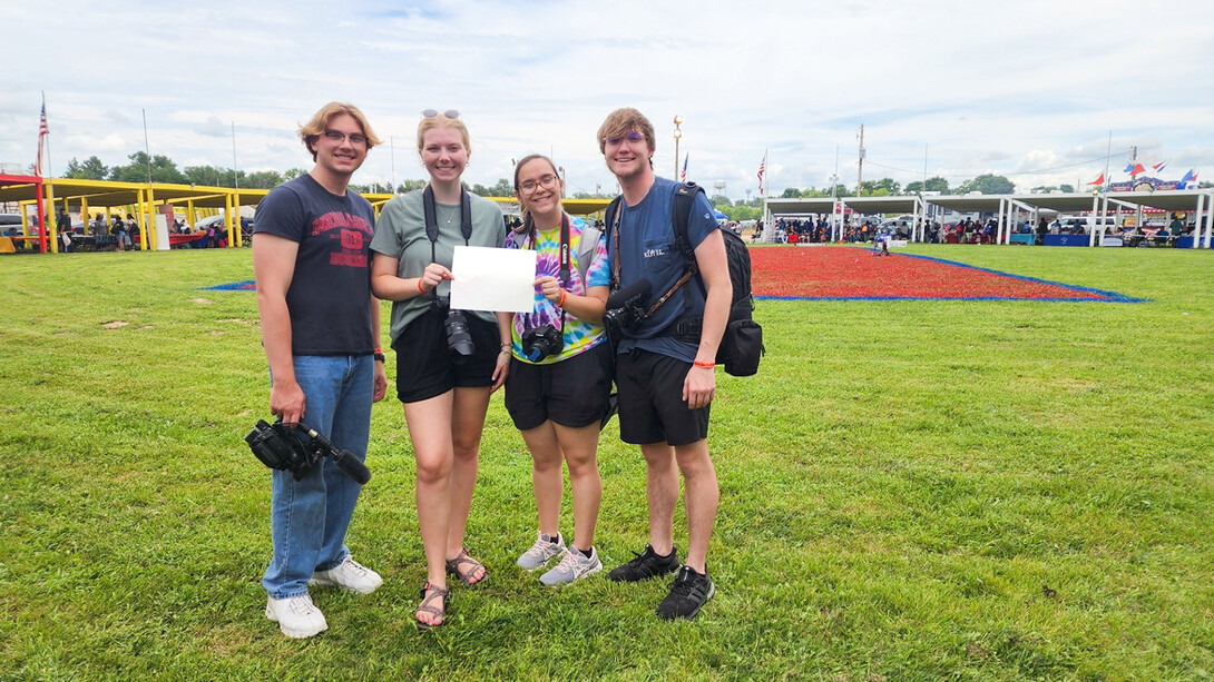 Four students from the Johnny Carson Center for Emerging Media Arts spent 10 days on the Pine Ridge Reservation this summer, leading a film camp for reservation youth and launching work on a documentary about a new anti-violence program led by University of Nebraska-Lincoln researchers and Lakota community leaders. Film crew members, from left, are: Hank Ball, a third-year student from Lincoln; Kylie Muller, a fourth-year student from Papillion, Nebraska; Hannah Pedersen, a fourth-year student f