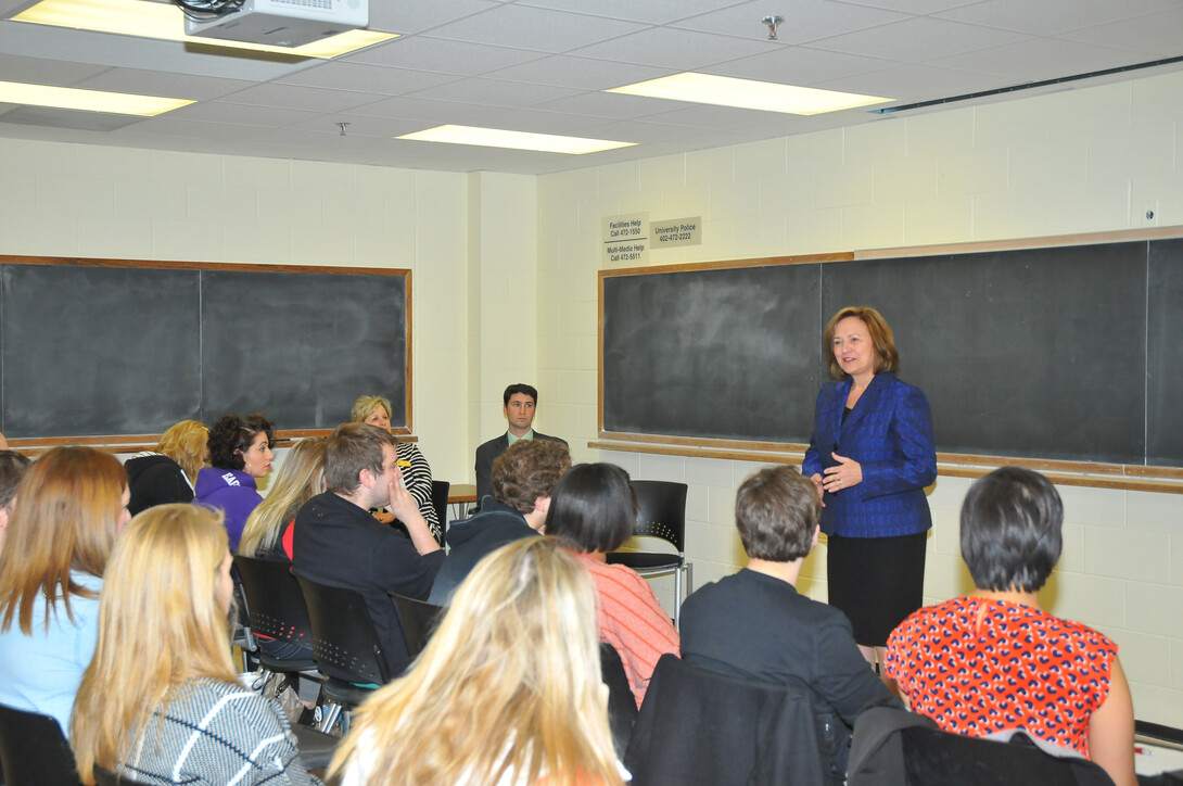 U.S. Sen. Deb Fischer speaks with UNL political science students on Feb. 19. 