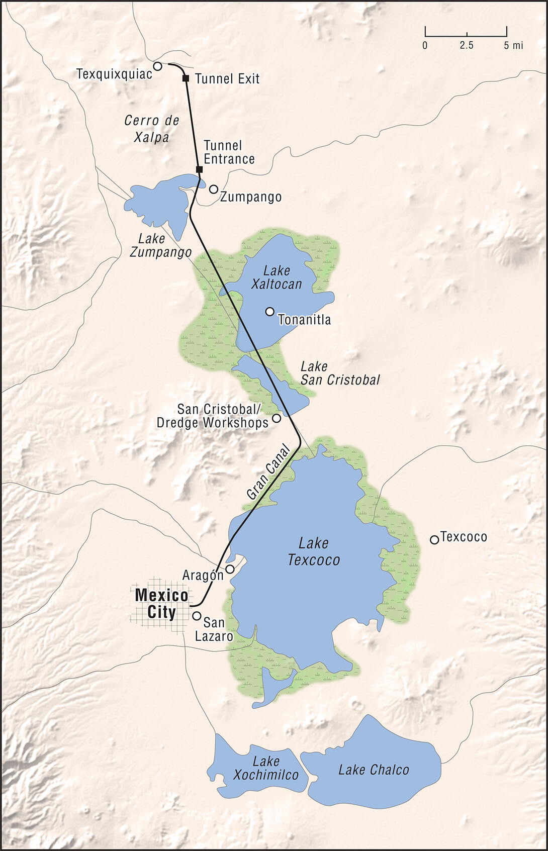 When the Gran Canal del Desagüe was completed in 1900, a chain of six lakes existed to the north, east, and south of Mexico City in the Valley of Mexico, as this map shows. . Today, the space where Lake Texcoco once stood is largely occupied by Mexico City. Lake Xochimilco is the only lake still in existence.  Credit: Erin Greb Cartography, courtesy James Garza, from ”Technocratic Visions: Engineers, Technology and Society in Mexico, 1876-1946”  (University of Pittsburgh Press, 2022). James Garza, Justin Ca