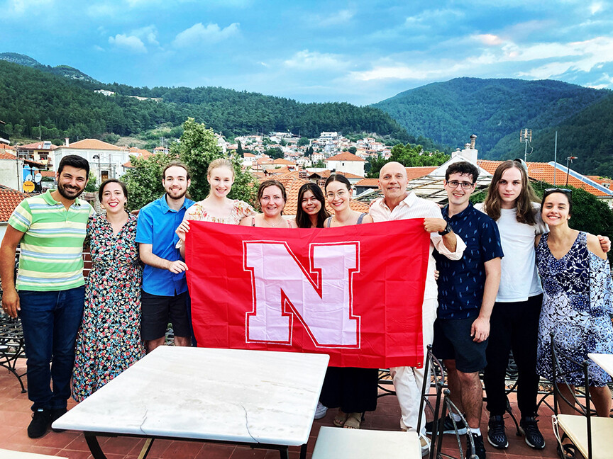 Left to right: Andreas Xenopoulos (D.M.A. 2014), Dimitra Kokkinopoulou (D.M.A. 2017), Nathaniel Brown, Rebekah Stiles, Savannah Royston, Clara Kendrick, Eva Nikolaidou, Paul Barnes, Shelton Siegel, Ben DeLong and Florencia Zuloaga in Greece. 