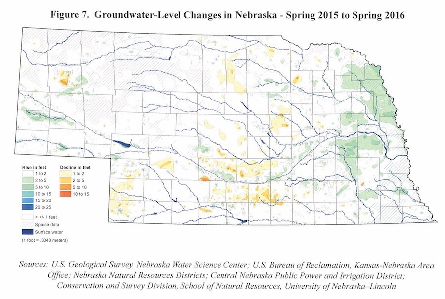 This map from the 2016 Nebraska Statewide Groundwater-Level Monitoring Report shows groundwater-level changes in Nebraska from spring 2015 to spring 2016.
