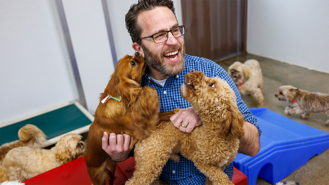 Jeffrey Stevens laughs as a small dog licks his face and another stares up at him