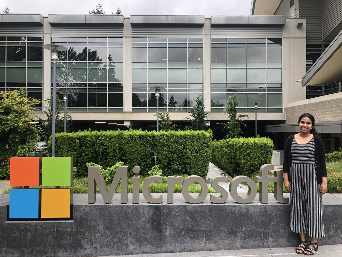 Gauri Ramesh stands outside of Microsoft's headquarters in Seattle, Washington