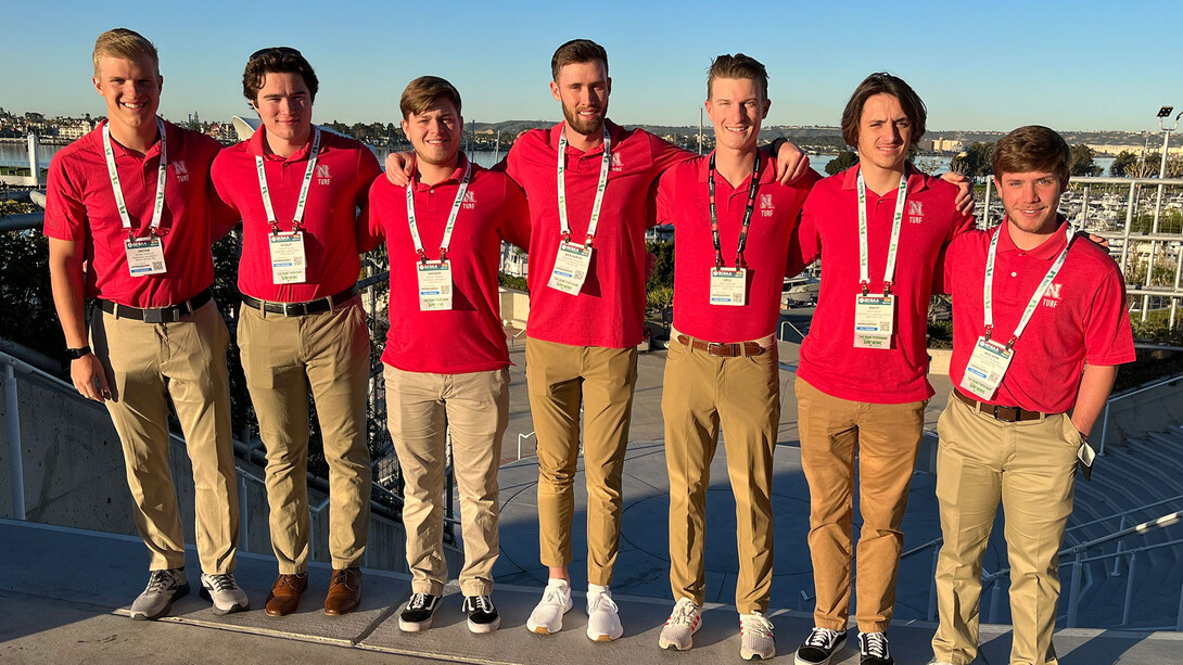  Nebraska turfgrass and landscape management majors Jacob Ocholik (from left), Scout Allen, Jagger Amend, Benjamin Toalson, Eric Kovarik, Matt Boyd and Walker Petersen attend the GCSAA Conference and Trade Show Feb. 7–10 in San Diego.