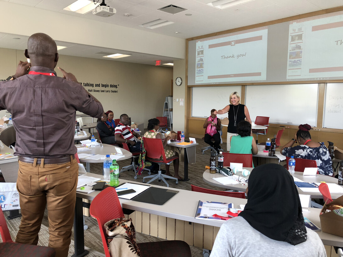 Donde Plowman, Executive Vice Chancellor and Chief Academic Officer, leads a discussion on strategic planning June 26 in Hawks Hall.