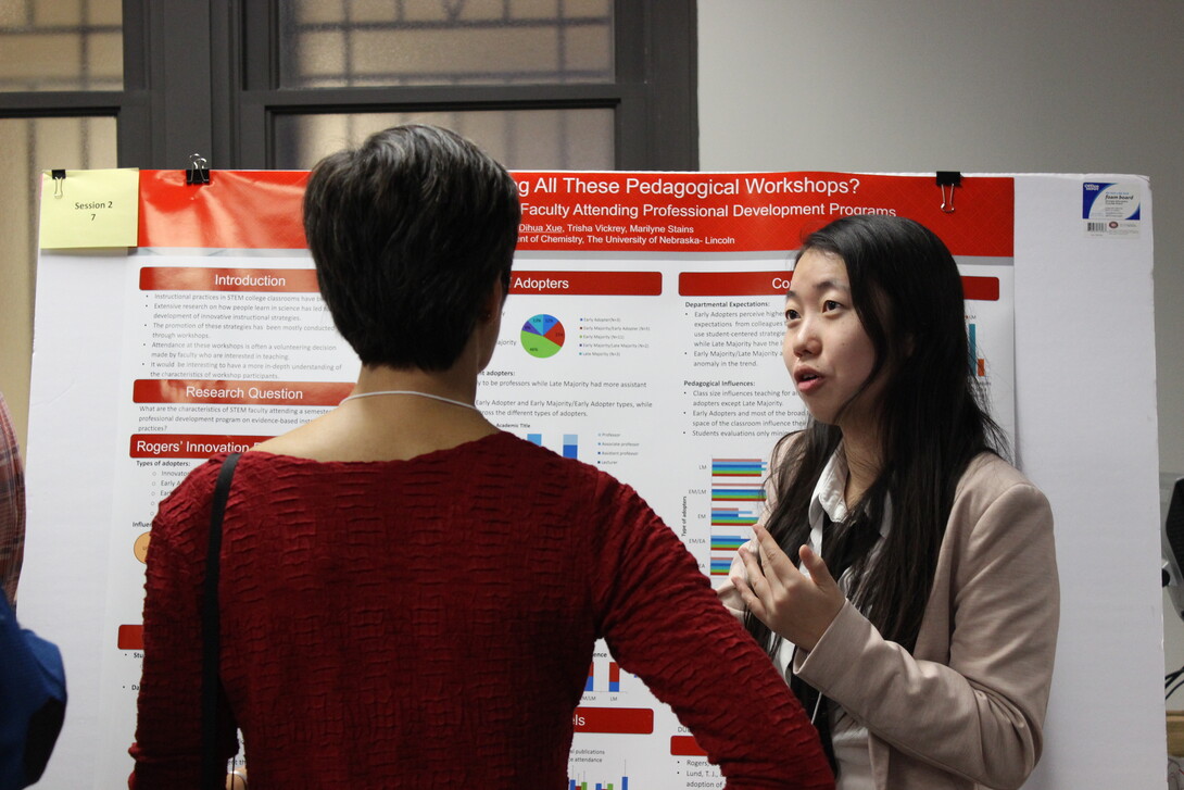 Dihua Xue (graduate student in chemical education) shares the results of her project with Amy Spiegel (research associate professor in Educational Psychology) at the 2015 retreat. 