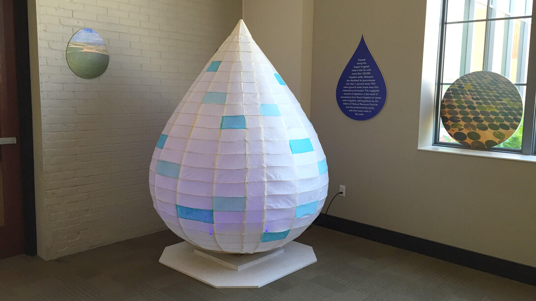 New art on display at Nebraska Innovation Campus includes this water drop designed by Matthew Dehaemers. The sculpture was part of a larger commissioned piece that was on display at the Kaneko gallery in Omaha.
