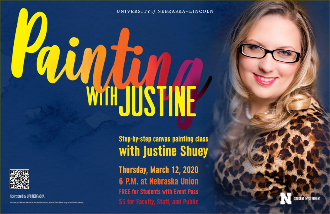 Come hang out, relax, and paint with Justine on March 12, 2020 in the Union Ballroom 