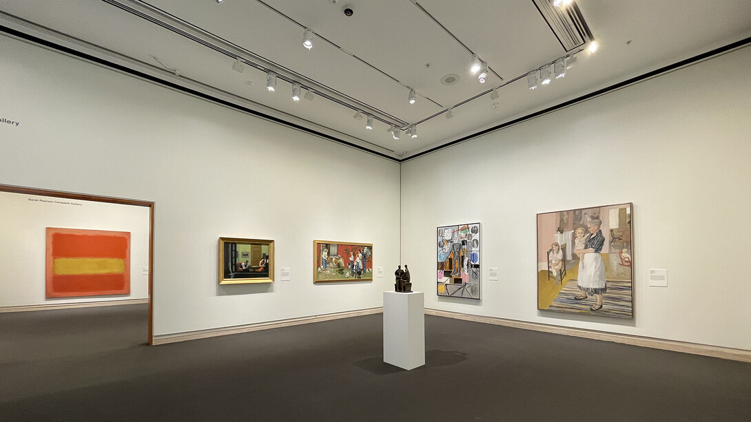 Photo of a Sheldon Museum of Art gallery with artworks hanging.