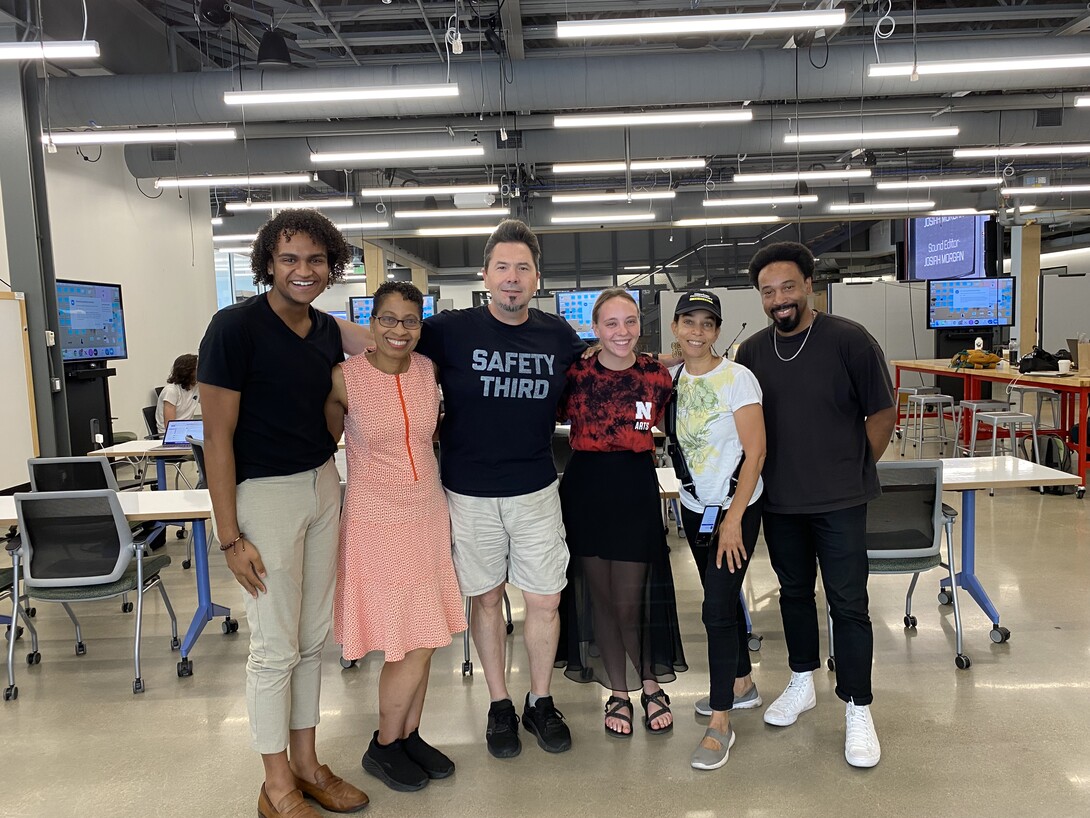 Last year’s first cohort of the Black Public Media Residency at the Carson Center included Rae Phillips (second from left), Andrea Walls (second from right) and Johannes Barfield (right), shown with emerging media arts students and faculty Ebben Blake, Da