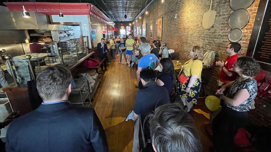 Sen. Adam Morfeld (District 46) discusses Nebraska Legislative Resolution No. 346 during the start of the UNL for Ukraine event on April 27. The resolution was passed unanimously to voice Nebraska's support of the Ukrainian people.